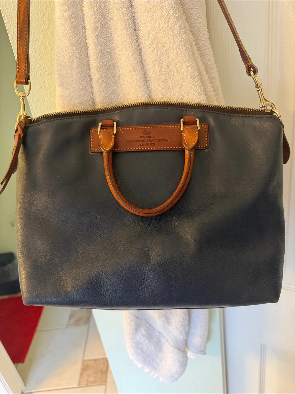 Dooney & Bourke Navy Leather Messenger Bag with Brown Trim